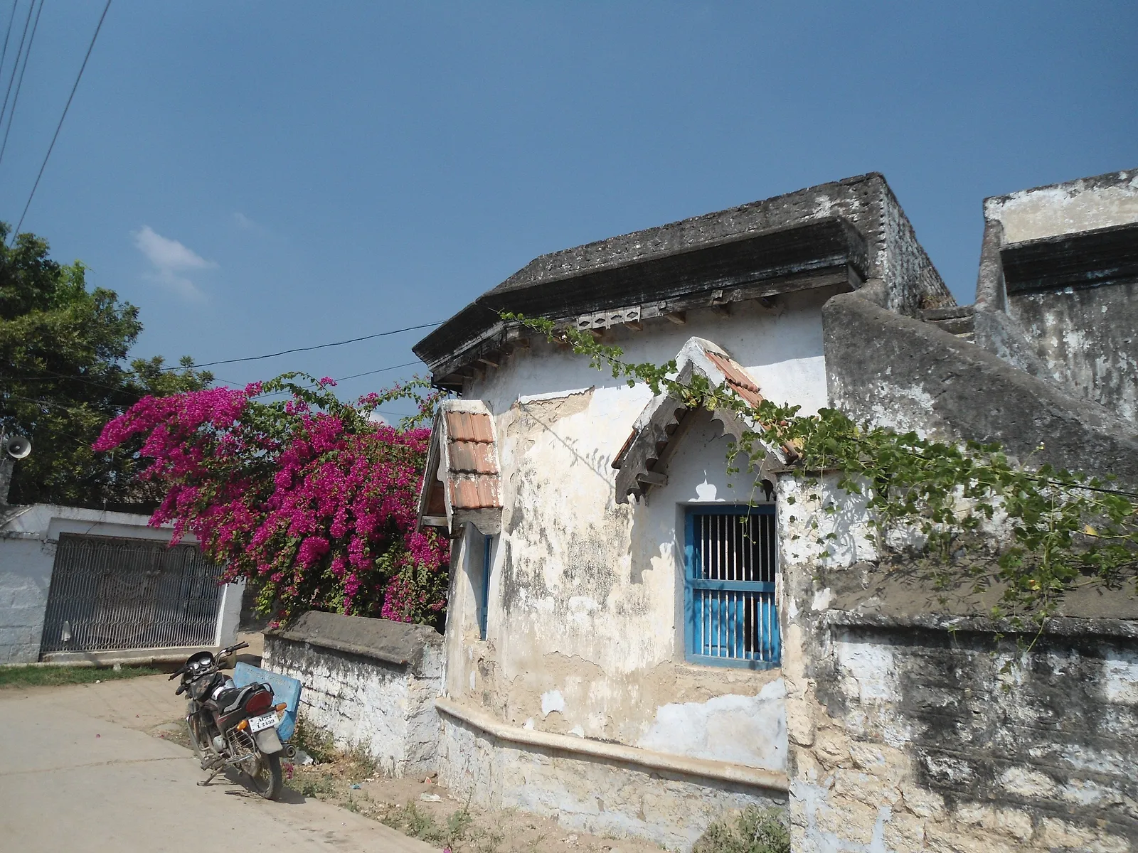 An old lime-washed village house with a blue-shuttered window and tiled roof, bougainvillea over the wall and a motorbike parked in the lane